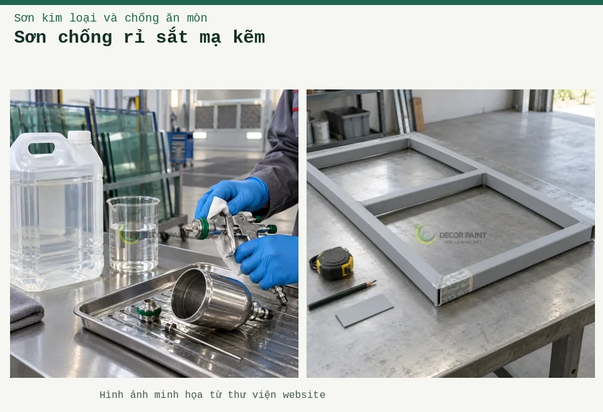 Sơn chống rỉ sắt mạ kẽm – Ảnh minh họa: Minh họa khung thép mạ kẽm phủ sơn chống rỉ và phần mẫu bề mặt kẽm; Vệ sinh súng phun.