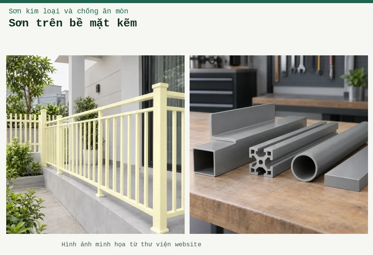Sơn trên bề mặt kẽm – Ảnh minh họa: Sơn đa năng trên kim loại – các dạng bề mặt và thanh định hình kim loại; Sơn kim loại kem nhạt – lan can hoặc hàng rào.