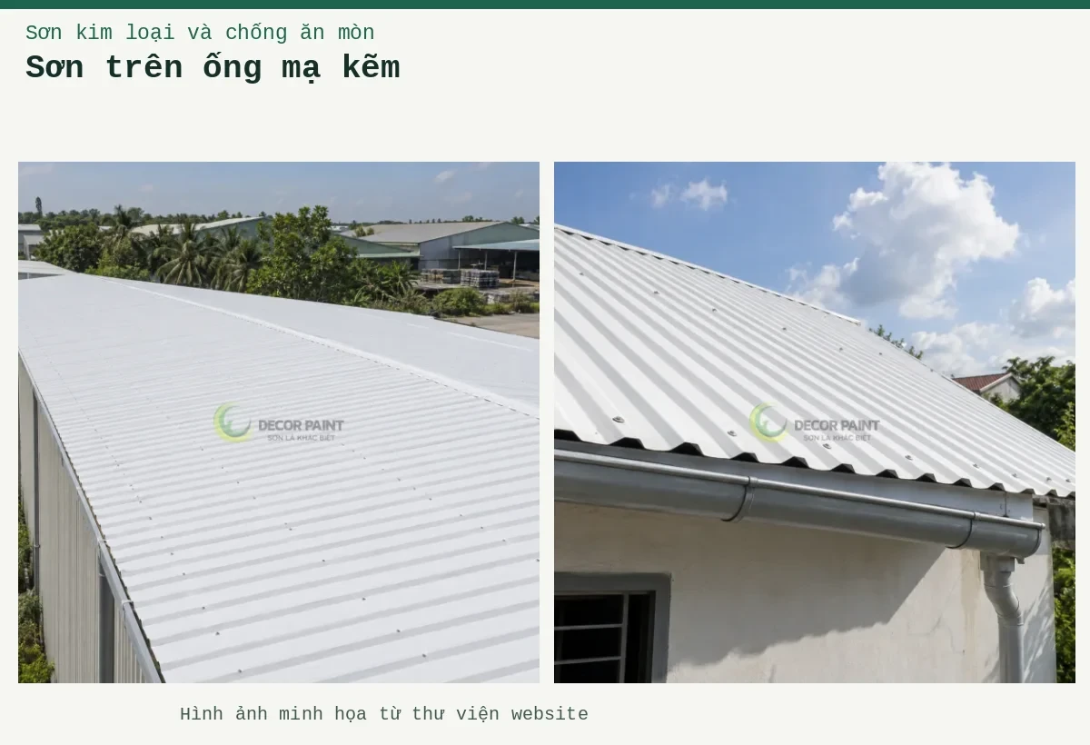 Sơn trên ống mạ kẽm – Ảnh minh họa: Mái tôn nhà ở màu trắng với máng xối và ống thoát nước; Mái tôn nhà xưởng phủ màu trắng, nhìn chéo theo các đường sóng mái.