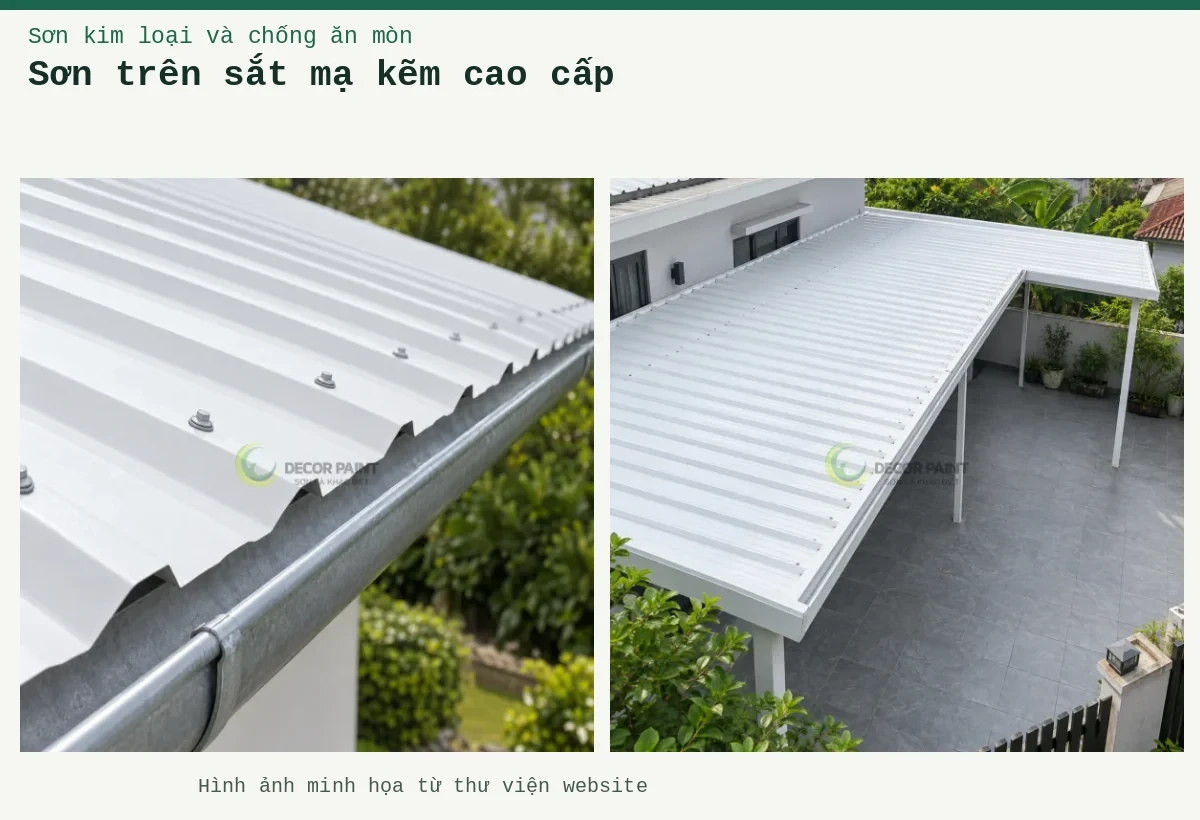 Sơn trên sắt mạ kẽm cao cấp – Ảnh minh họa: Mái che sân nhà bằng tôn màu trắng; Chi tiết mép tôn trắng, vít mái và máng xối.