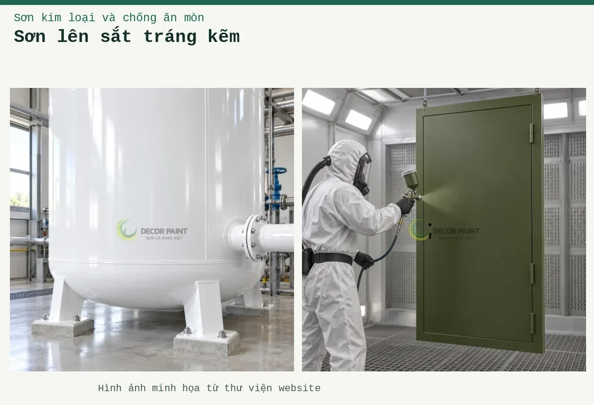 Sơn lên sắt tráng kẽm – Ảnh minh họa: Phun lớp sơn xanh rêu lên cửa thép trong buồng sơn, người thi công sử dụng trang bị bảo hộ; Bồn thép Epoxy trắng bóng.