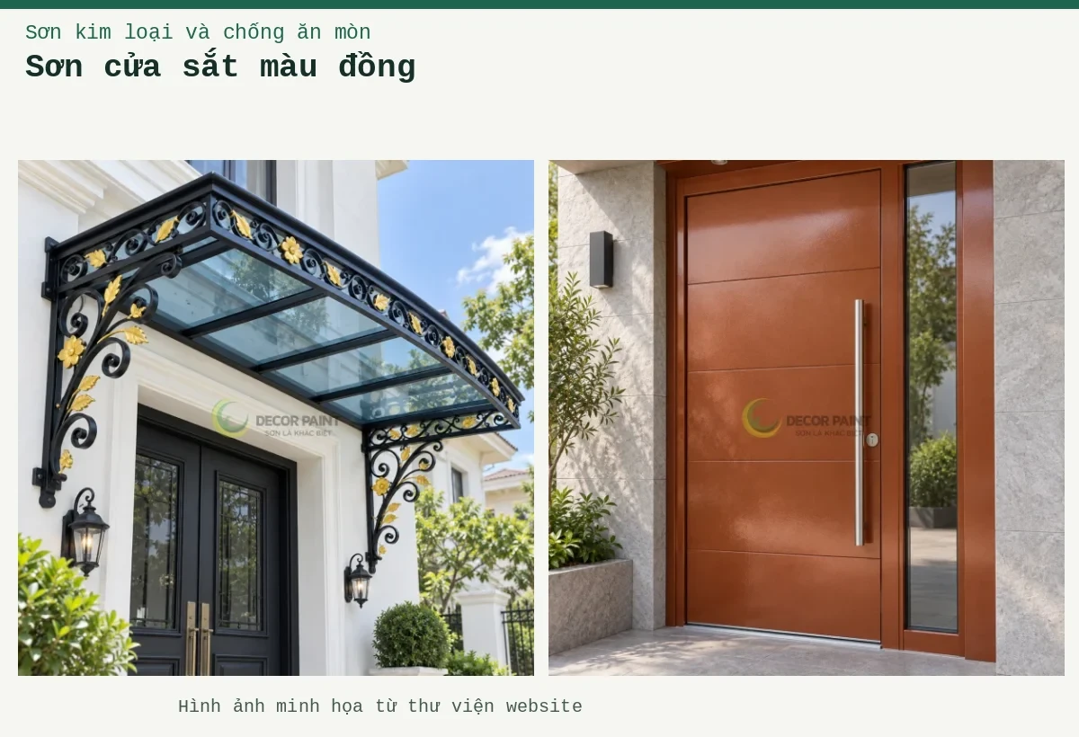 Sơn cửa sắt màu đồng – Ảnh minh họa: Cửa thép phủ nhũ đồng đỏ đậm; Mái kính cửa vào phối sắt đen nhũ vàng.