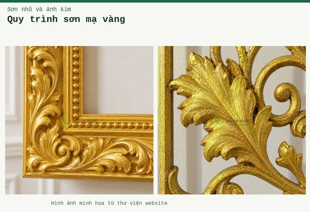 Quy trình sơn mạ vàng – Ảnh minh họa: Hoa văn trang trí sơn nhũ vàng A11; Góc khung trang trí màu nhũ vàng A12.