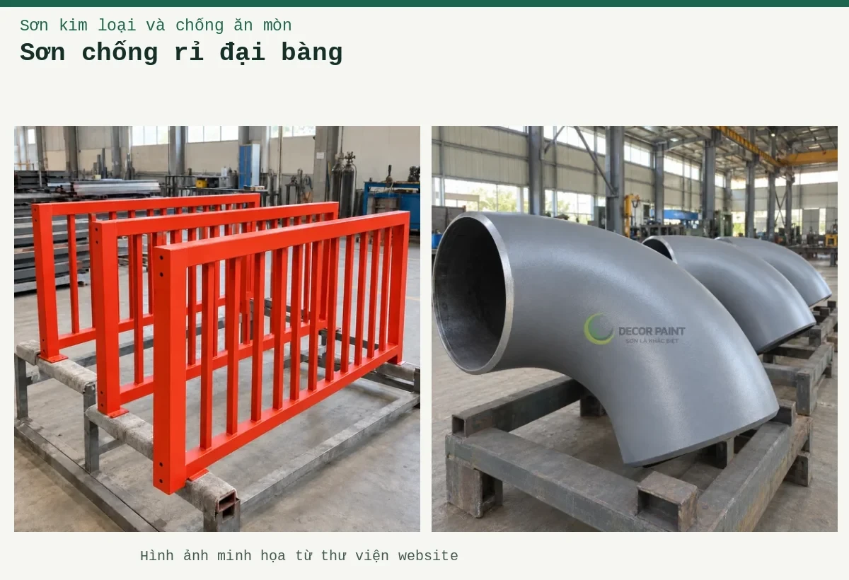 Sơn chống rỉ đại bàng – Ảnh minh họa: Các co ống thép phủ sơn chống rỉ màu xám đặt trên giá tại xưởng; Sơn lót kim loại đỏ oxit – cấu kiện lan can được sơn lót.