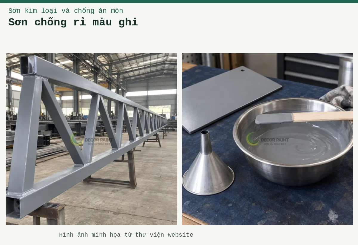 Sơn chống rỉ màu ghi – Ảnh minh họa: Giàn thép phủ sơn chống rỉ màu xám trong xưởng gia công có mái che; Sơn lót màu xám trong bát pha, que khuấy, phễu và tấm thép phủ thử.