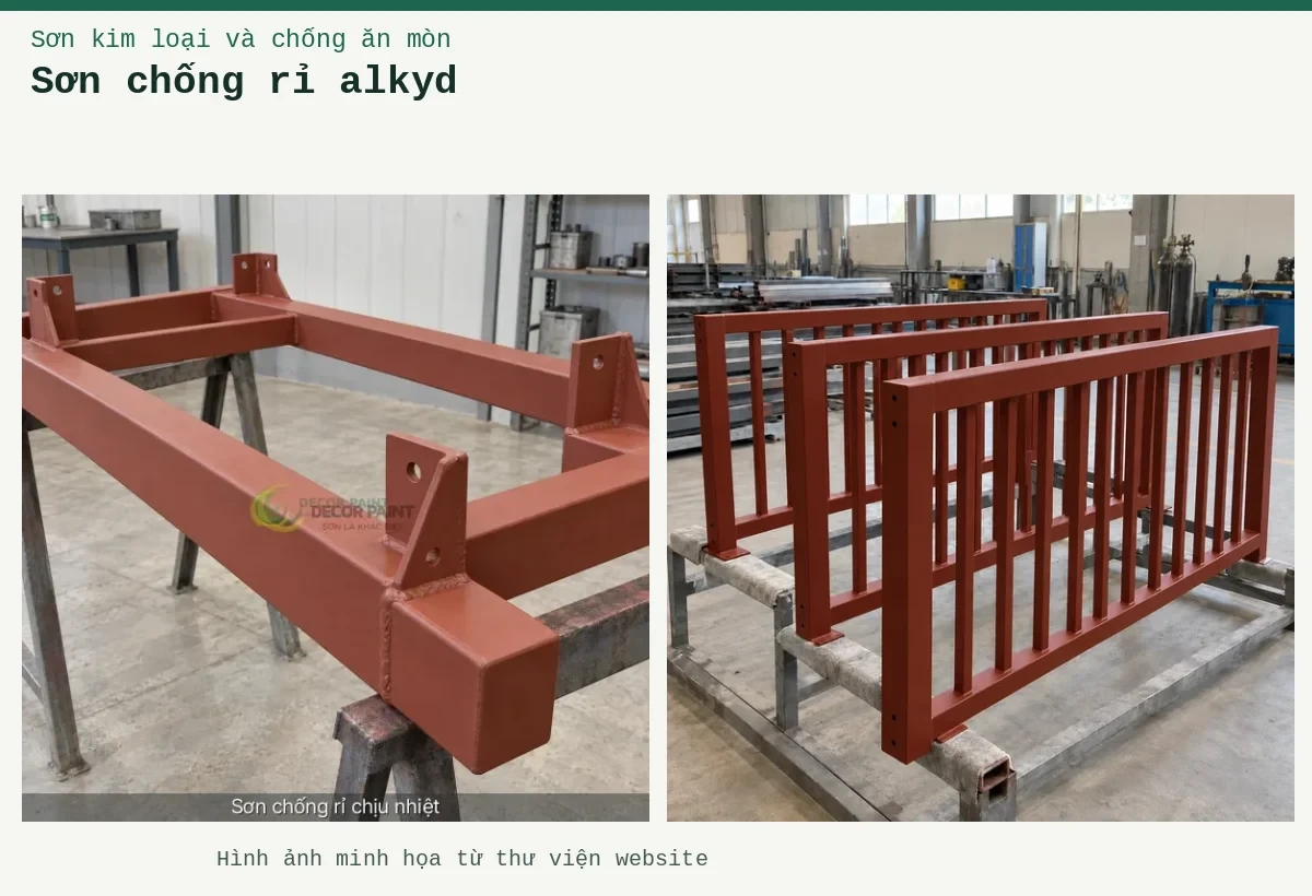 Sơn chống rỉ alkyd – Ảnh minh họa: Khung thép phủ lót chống rỉ đỏ nâu; Sơn lót kim loại đỏ oxit – cấu kiện lan can được sơn lót.