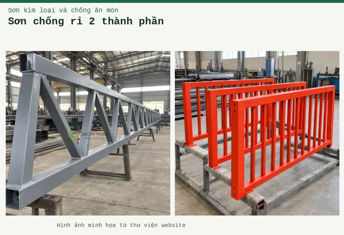 Sơn chống rỉ 2 thành phần – Ảnh minh họa: Giàn thép phủ sơn chống rỉ màu xám trong xưởng gia công có mái che; Sơn lót kim loại đỏ oxit – cấu kiện lan can được sơn lót.