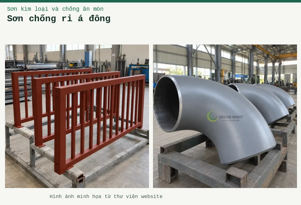 Sơn chống rỉ á đông – Ảnh minh họa: Các co ống thép phủ sơn chống rỉ màu xám đặt trên giá tại xưởng; Sơn lót kim loại đỏ oxit – cấu kiện lan can được sơn lót.