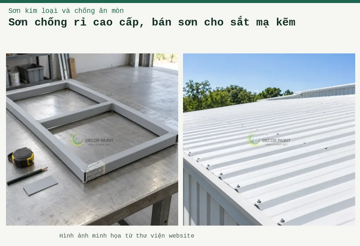 Sơn chống rỉ cao cấp, bán sơn cho sắt mạ kẽm – Ảnh minh họa: Minh họa khung thép mạ kẽm phủ sơn chống rỉ và phần mẫu bề mặt kẽm; Mái tôn phủ trắng dưới ánh nắng.