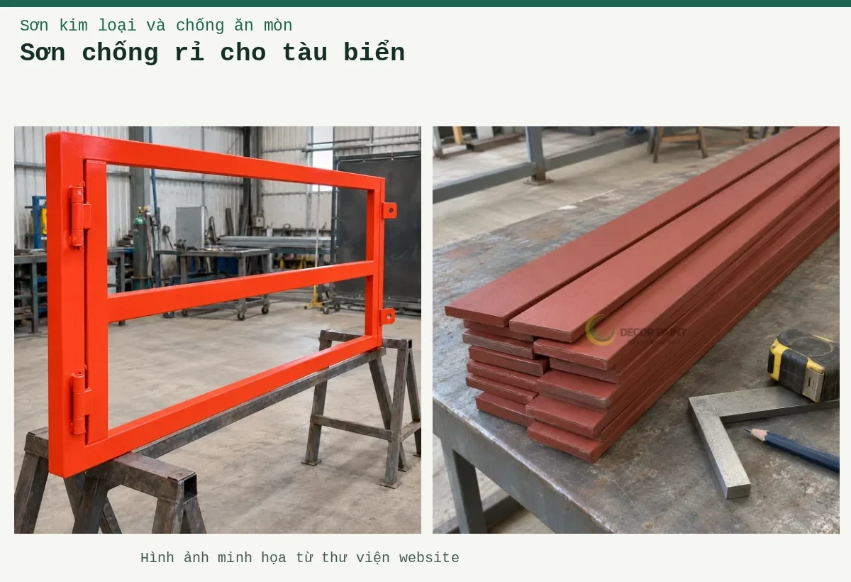 Sơn chống rỉ cho tàu biển – Ảnh minh họa: Minh họa thép bản phủ sơn chống rỉ màu nâu đỏ cùng dụng cụ đo bề mặt; Sơn lót kim loại đỏ oxit – khung cổng được phủ lớp lót tại xưởng.