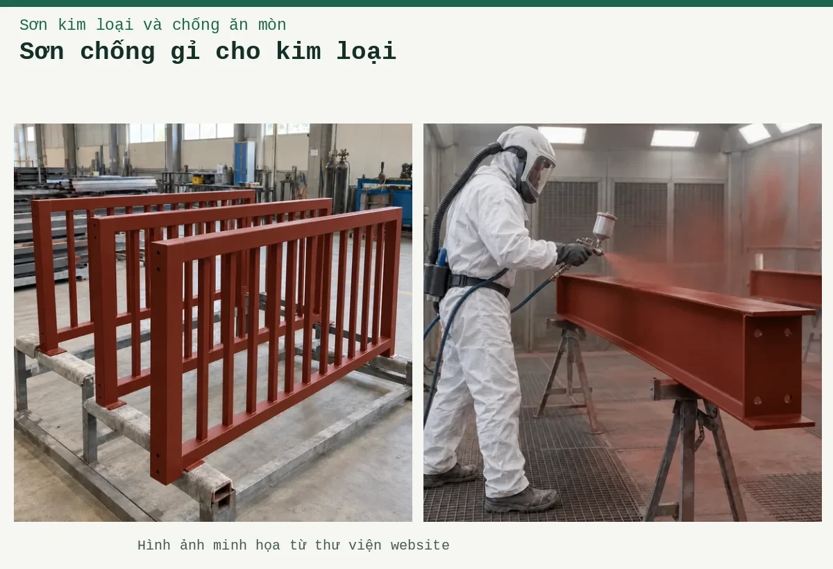 Sơn chống gỉ cho kim loại – Ảnh minh họa: Sơn lót kim loại đỏ oxit – cấu kiện lan can được sơn lót; Sơn lót kim loại đỏ oxit – thi công phun lớp lót trên thép.