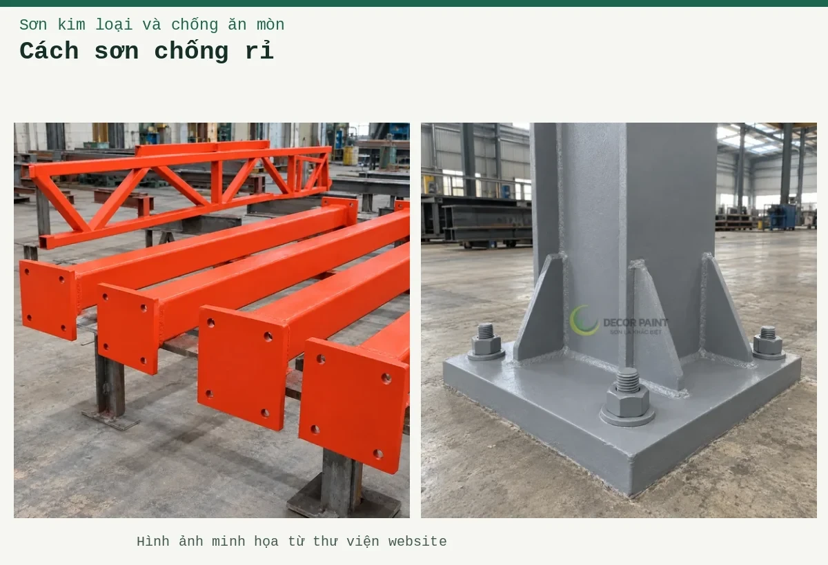 Cách sơn chống rỉ – Ảnh minh họa: Chân cột thép và bản mã liên kết được phủ sơn chống rỉ màu xám; Sơn lót kim loại đỏ oxit – cấu kiện thép đã phủ lớp lót.
