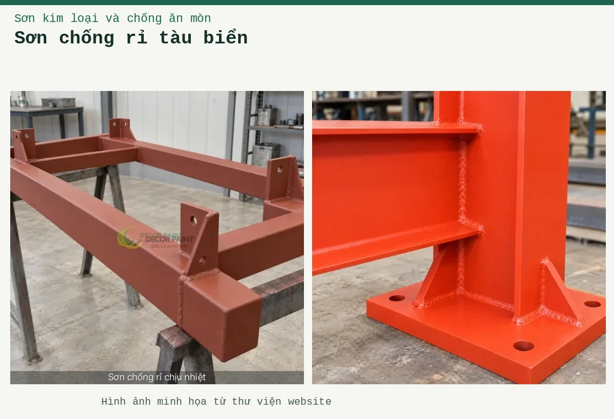 Sơn chống rỉ tàu biển – Ảnh minh họa: Khung thép phủ lót chống rỉ đỏ nâu; Sơn lót kim loại đỏ oxit – cận cảnh lớp lót trên mối nối thép.