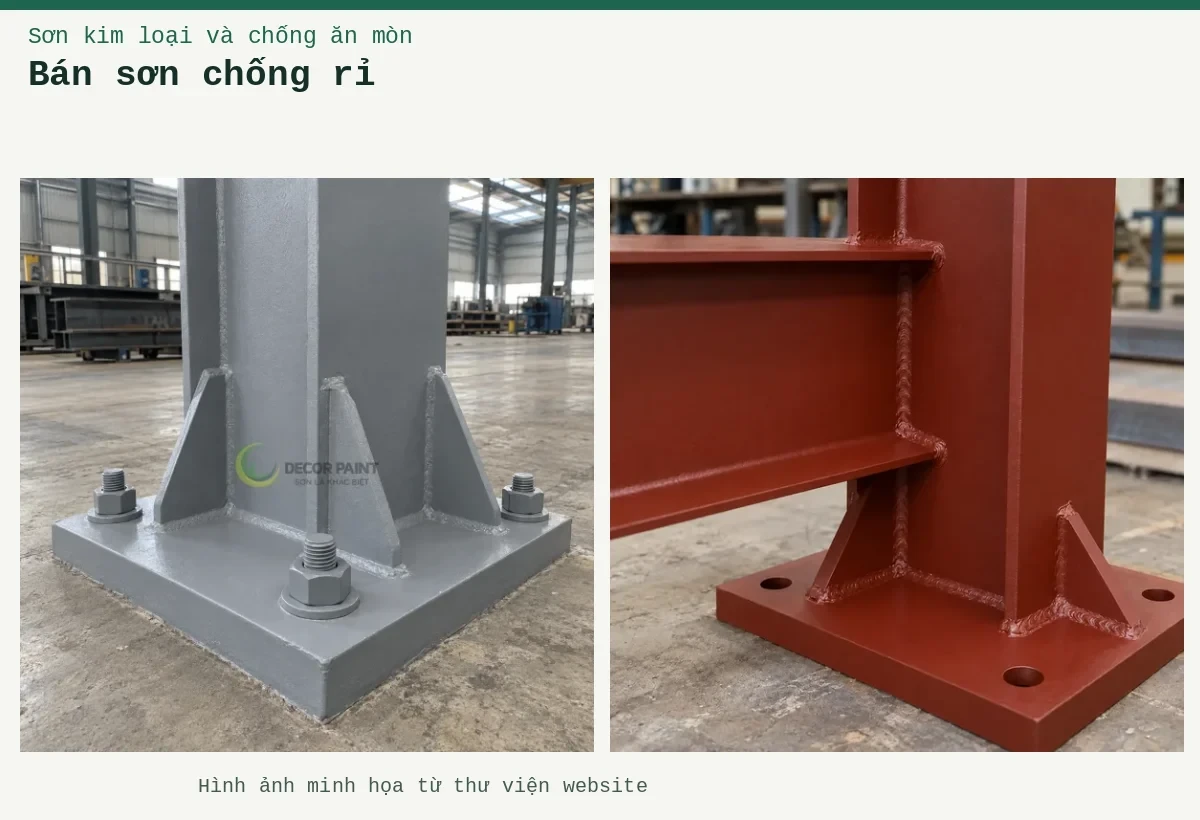 Bán sơn chống rỉ – Ảnh minh họa: Chân cột thép và bản mã liên kết được phủ sơn chống rỉ màu xám; Sơn lót kim loại đỏ oxit – cận cảnh lớp lót trên mối nối thép.