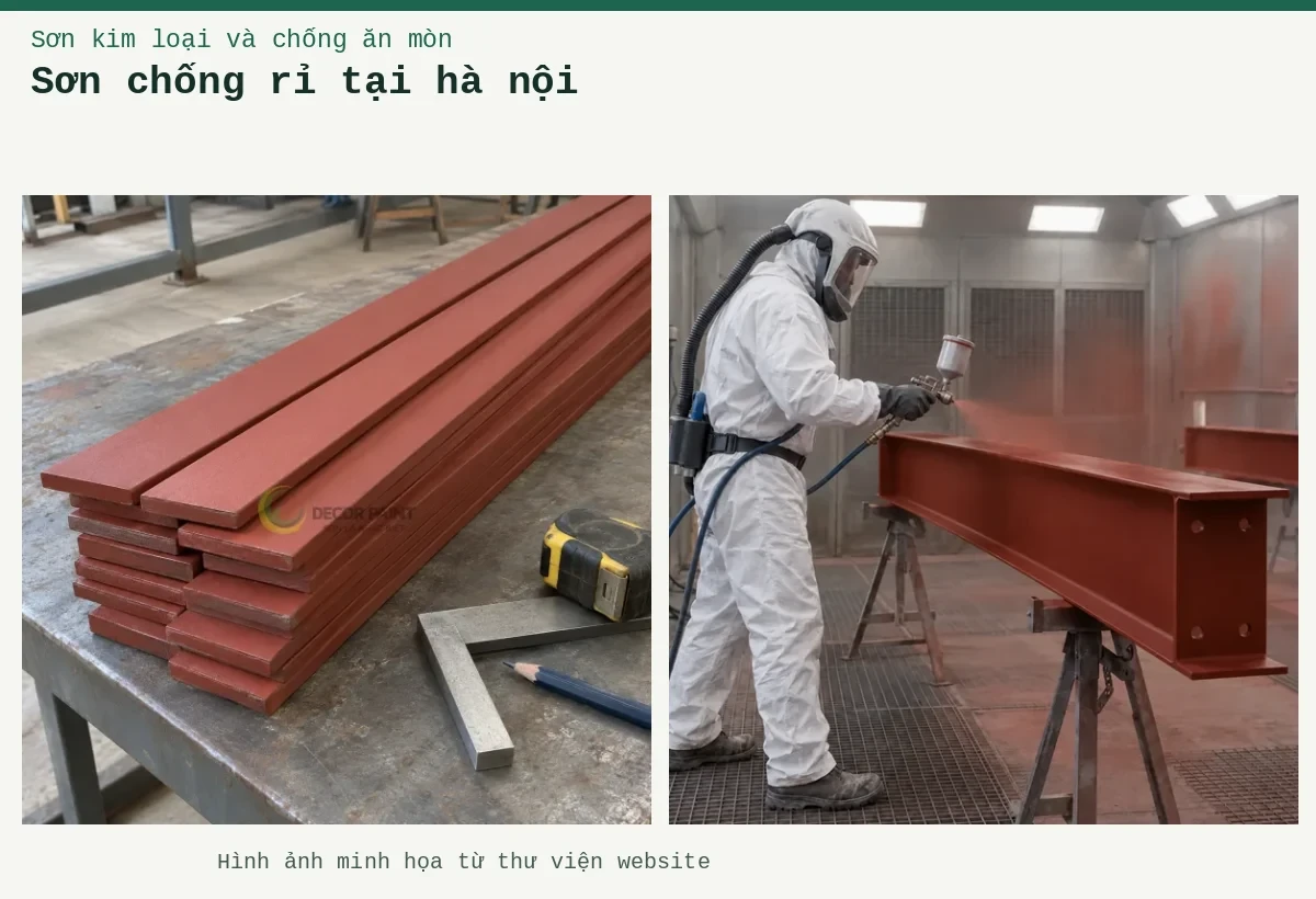 Sơn chống rỉ tại hà nội – Ảnh minh họa: Minh họa thép bản phủ sơn chống rỉ màu nâu đỏ cùng dụng cụ đo bề mặt; Sơn lót kim loại đỏ oxit – thi công phun lớp lót trên thép.