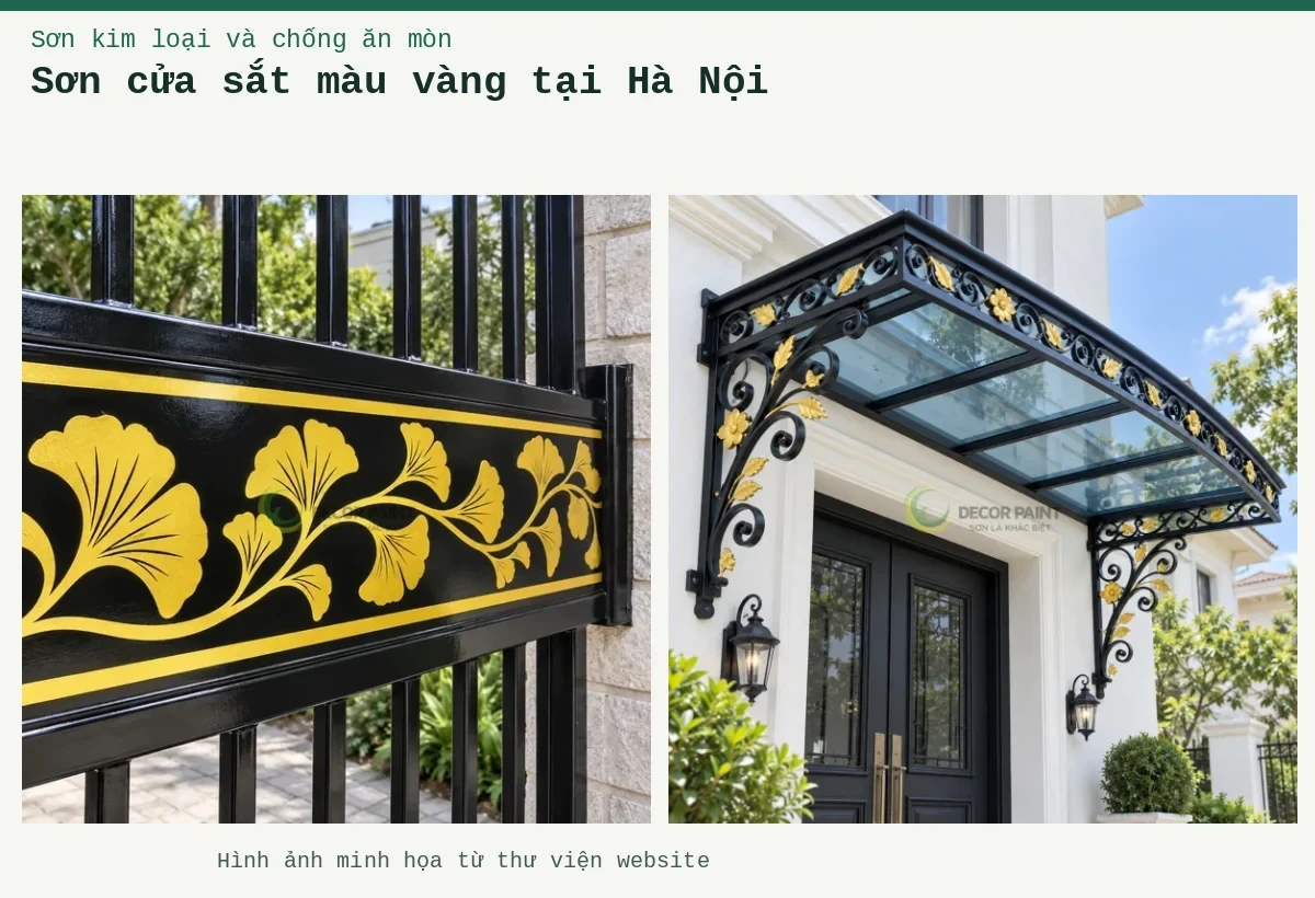 Sơn cửa sắt màu vàng tại Hà Nội – Ảnh minh họa: Mái kính cửa vào phối sắt đen nhũ vàng; Cổng sắt họa tiết bạch quả vàng chanh.