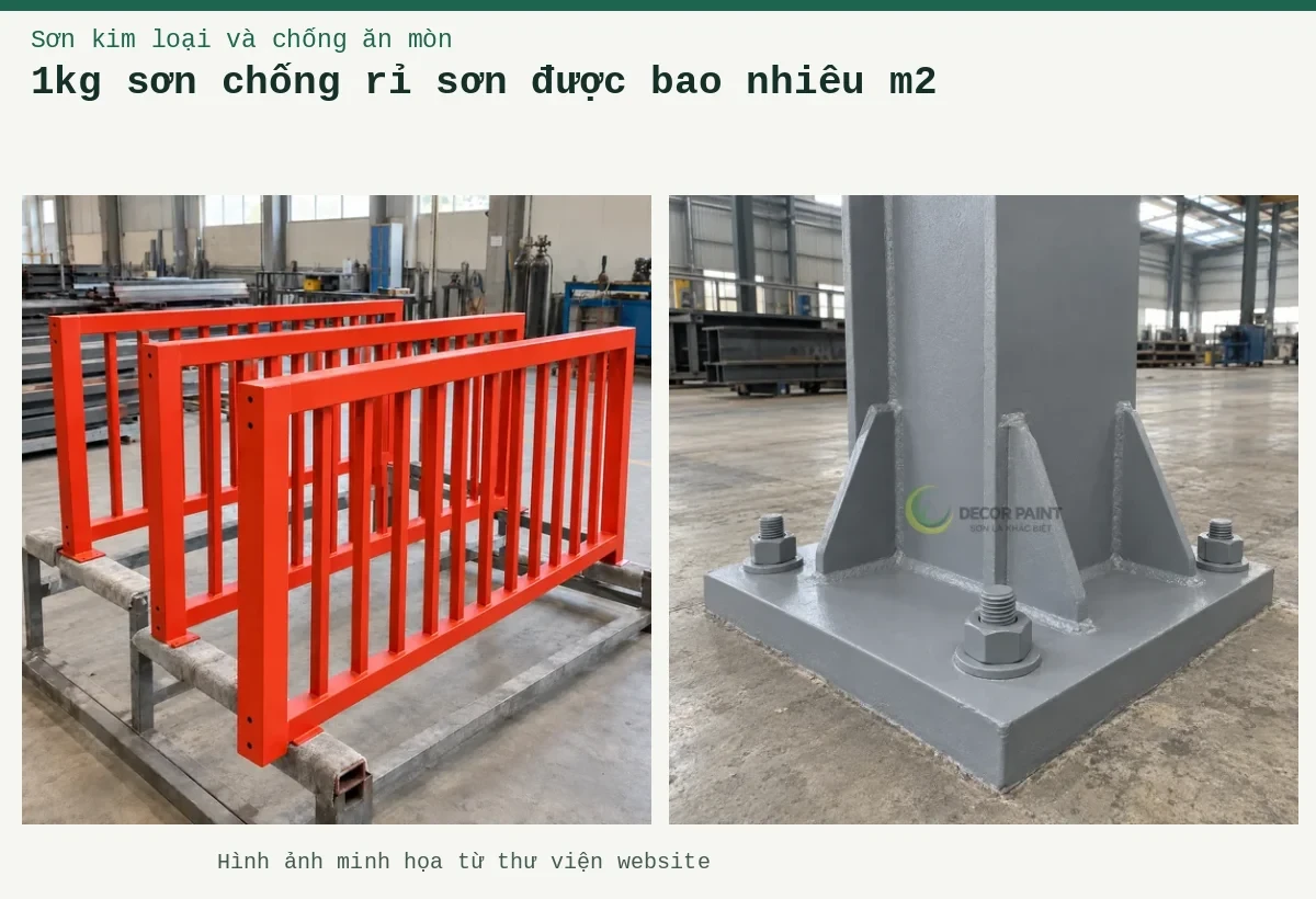 1kg sơn chống rỉ sơn được bao nhiêu m2 – Ảnh minh họa: Chân cột thép và bản mã liên kết được phủ sơn chống rỉ màu xám; Sơn lót kim loại đỏ oxit – cấu kiện lan can được sơn lót.