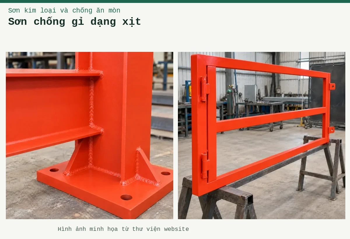 Sơn chống gỉ dạng xịt – Ảnh minh họa: Sơn lót kim loại đỏ oxit – khung cổng được phủ lớp lót tại xưởng; Sơn lót kim loại đỏ oxit – cận cảnh lớp lót trên mối nối thép.