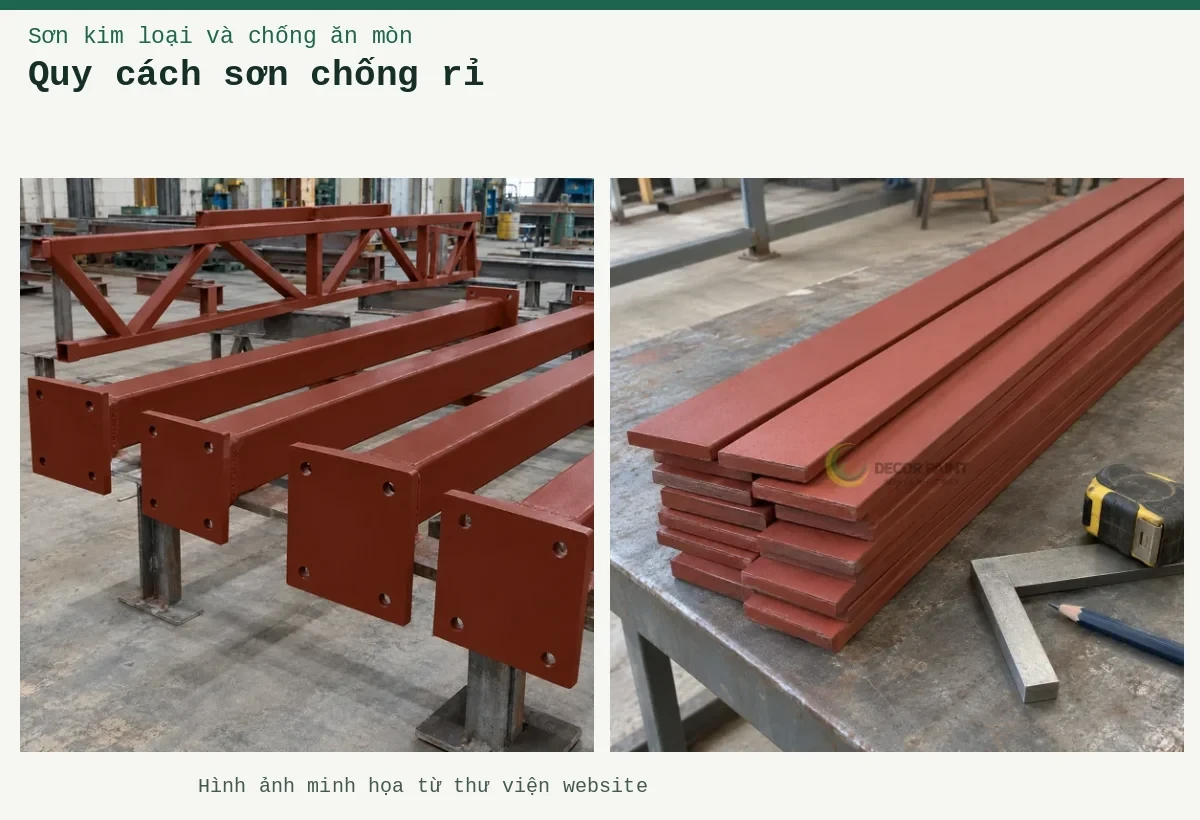 Quy cách sơn chống rỉ – Ảnh minh họa: Minh họa thép bản phủ sơn chống rỉ màu nâu đỏ cùng dụng cụ đo bề mặt; Sơn lót kim loại đỏ oxit – cấu kiện thép đã phủ lớp lót.