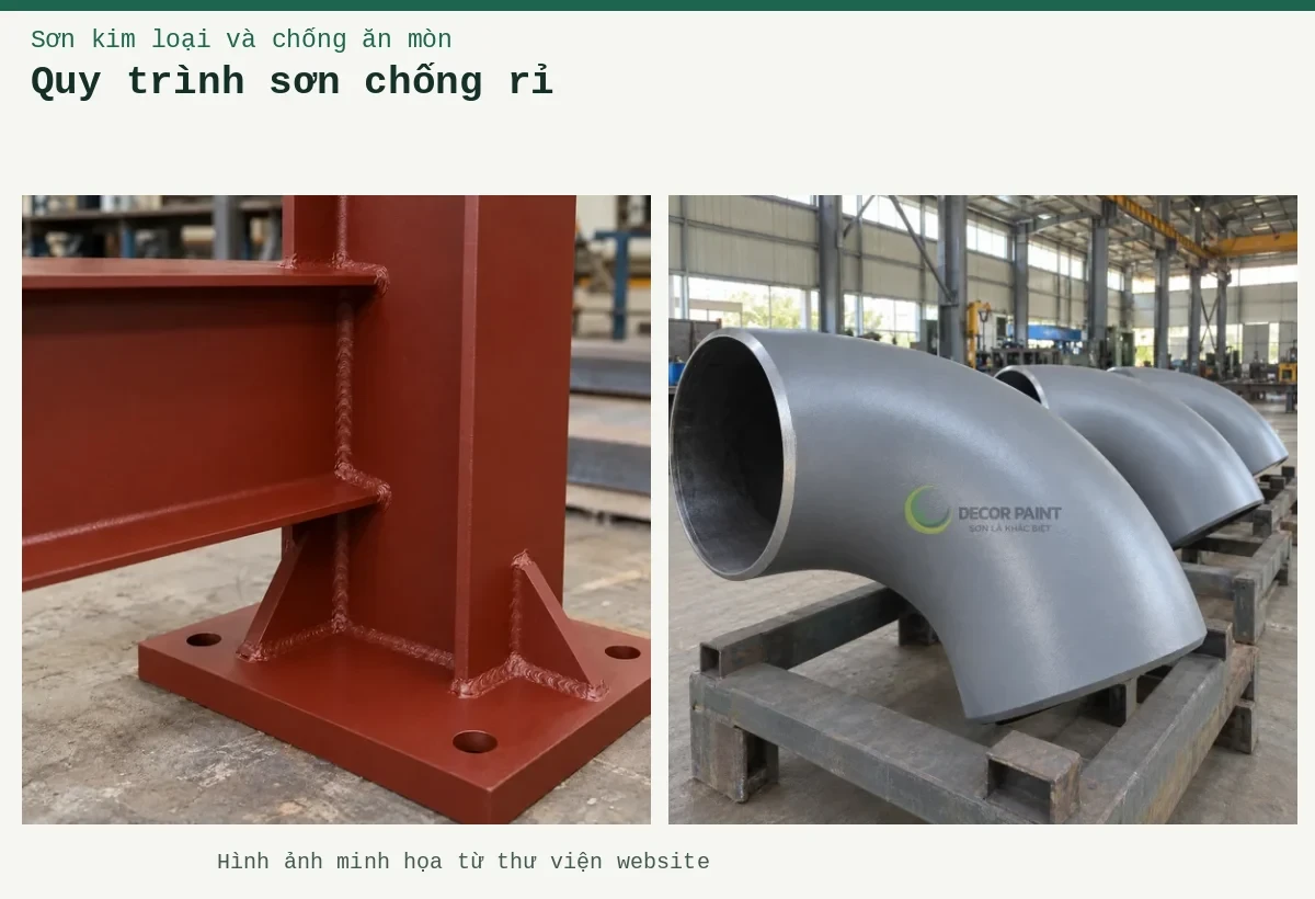 Quy trình sơn chống rỉ – Ảnh minh họa: Các co ống thép phủ sơn chống rỉ màu xám đặt trên giá tại xưởng; Sơn lót kim loại đỏ oxit – cận cảnh lớp lót trên mối nối thép.