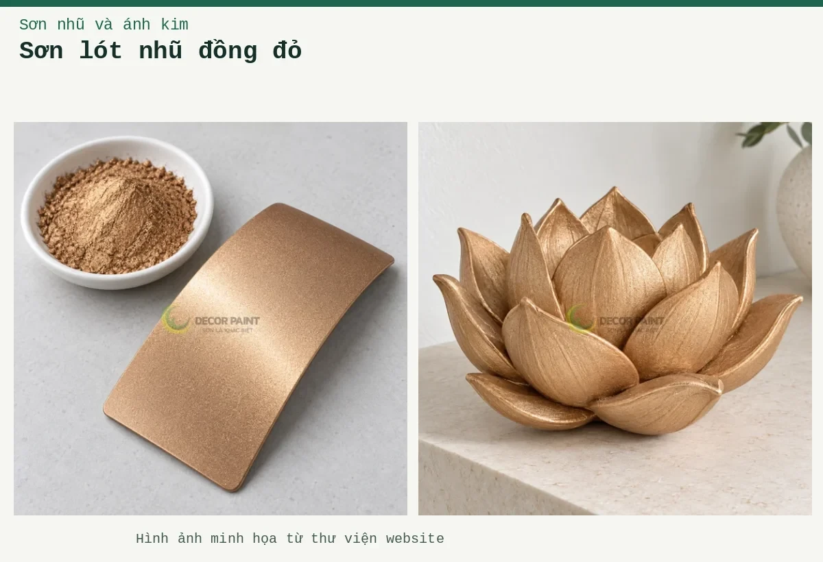 Sơn lót nhũ đồng đỏ – Ảnh minh họa: Tấm mẫu sơn nhũ đồng đỏ; Hoa sen trang trí sơn nhũ đồng đỏ.