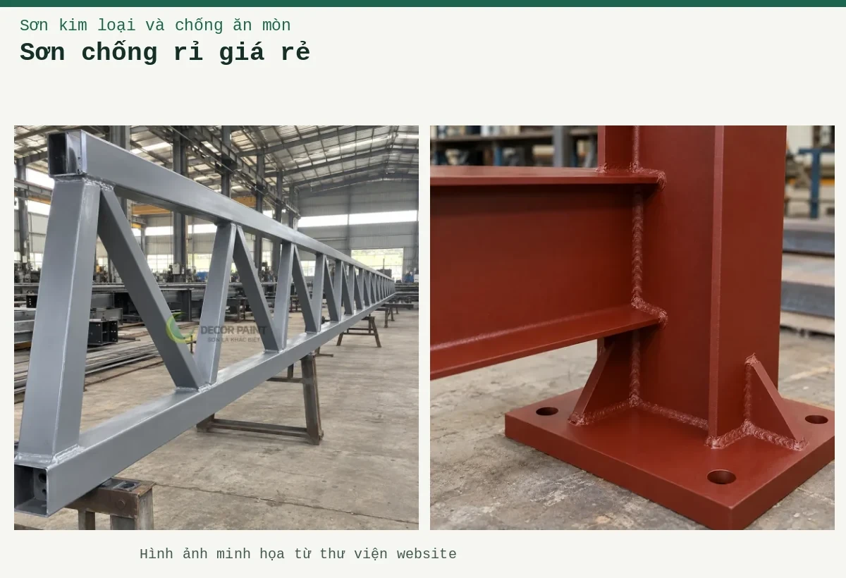 Sơn chống rỉ giá rẻ – Ảnh minh họa: Giàn thép phủ sơn chống rỉ màu xám trong xưởng gia công có mái che; Sơn lót kim loại đỏ oxit – cận cảnh lớp lót trên mối nối thép.