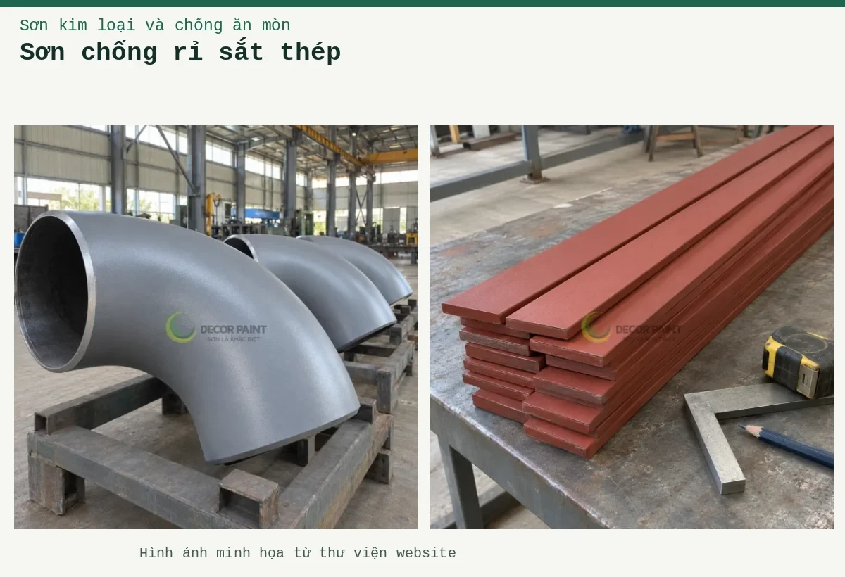 Sơn chống rỉ sắt thép – Ảnh minh họa: Các co ống thép phủ sơn chống rỉ màu xám đặt trên giá tại xưởng; Minh họa thép bản phủ sơn chống rỉ màu nâu đỏ cùng dụng cụ đo bề mặt.