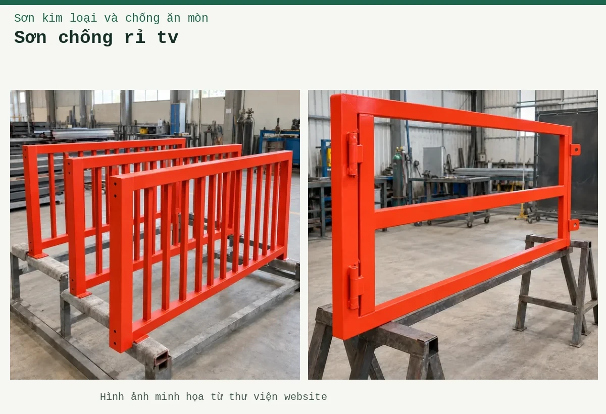 Sơn chống rỉ tv – Ảnh minh họa: Sơn lót kim loại đỏ oxit – khung cổng được phủ lớp lót tại xưởng; Sơn lót kim loại đỏ oxit – cấu kiện lan can được sơn lót.