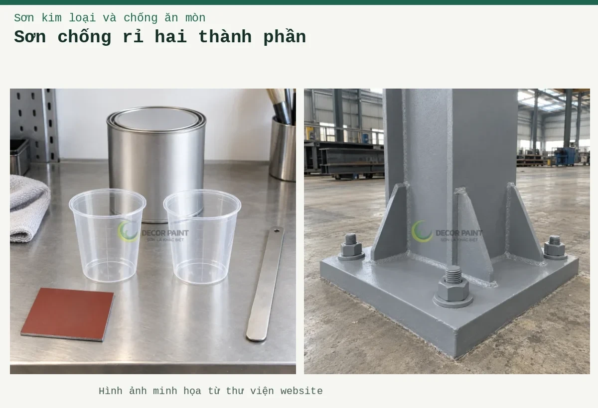 Sơn chống rỉ hai thành phần – Ảnh minh họa: Chân cột thép và bản mã liên kết được phủ sơn chống rỉ màu xám; Hai cốc pha rỗng, lon kín và tấm thép mẫu phủ lót đỏ nâu.