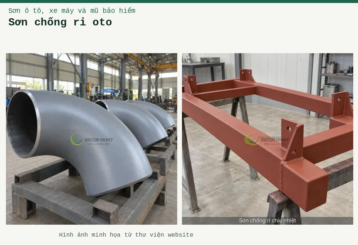 Sơn chống rỉ oto – Ảnh minh họa: Khung thép phủ lót chống rỉ đỏ nâu; Các co ống thép phủ sơn chống rỉ màu xám đặt trên giá tại xưởng.