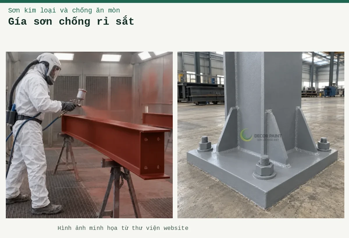Gía sơn chống rỉ sắt – Ảnh minh họa: Chân cột thép và bản mã liên kết được phủ sơn chống rỉ màu xám; Sơn lót kim loại đỏ oxit – thi công phun lớp lót trên thép.