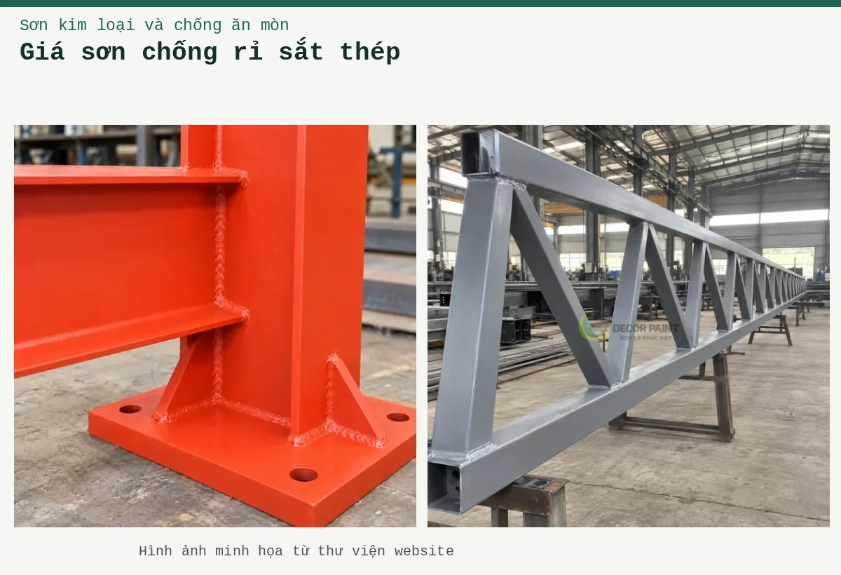 Giá sơn chống rỉ sắt thép – Ảnh minh họa: Giàn thép phủ sơn chống rỉ màu xám trong xưởng gia công có mái che; Sơn lót kim loại đỏ oxit – cận cảnh lớp lót trên mối nối thép.