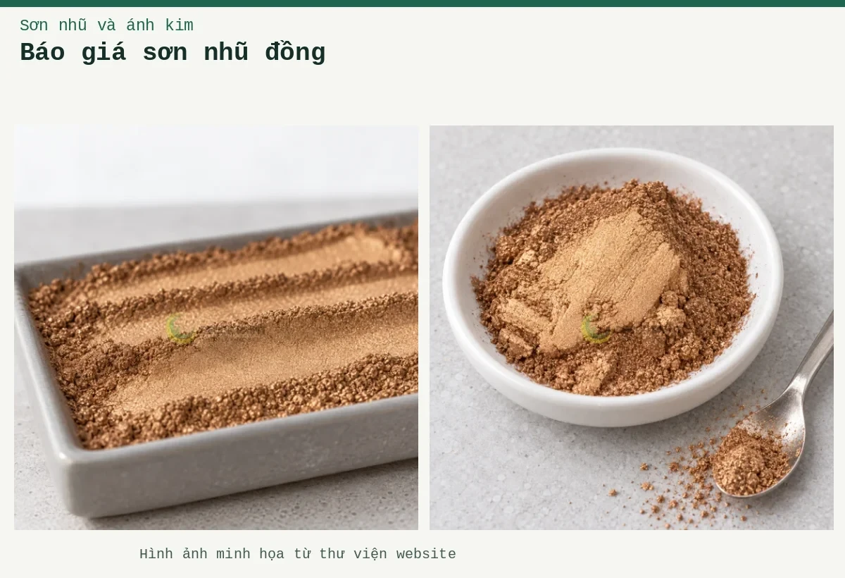 Báo giá sơn nhũ đồng – Ảnh minh họa: Bột nhũ đồng đỏ trong đĩa mẫu; Cận cảnh bột nhũ đồng đỏ trong khay.