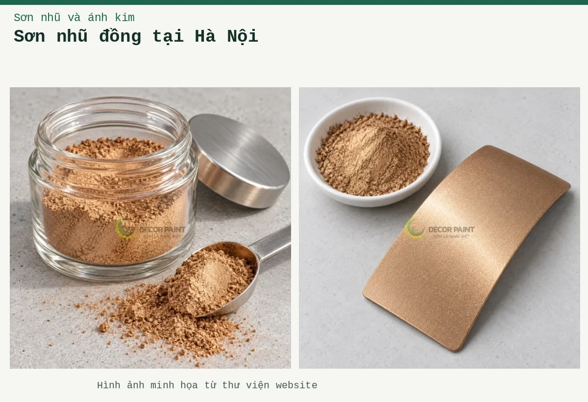 Sơn nhũ đồng tại Hà Nội – Ảnh minh họa: Lọ mẫu bột nhũ đồng đỏ; Tấm mẫu sơn nhũ đồng đỏ.