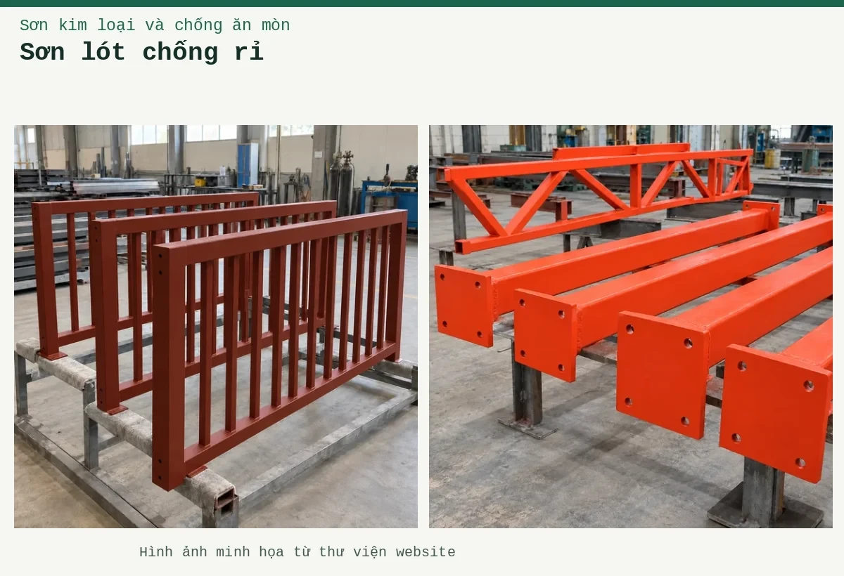 Sơn lót chống rỉ – Ảnh minh họa: Sơn lót kim loại đỏ oxit – cấu kiện lan can được sơn lót; Sơn lót kim loại đỏ oxit – cấu kiện thép đã phủ lớp lót.