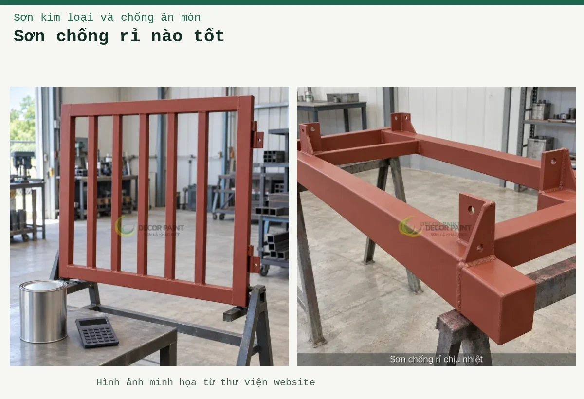 Sơn chống rỉ nào tốt – Ảnh minh họa: Khung thép phủ lót chống rỉ đỏ nâu; Khung cổng thép phủ sơn lót nâu đỏ trên giá, bên cạnh lon kín và máy tính.