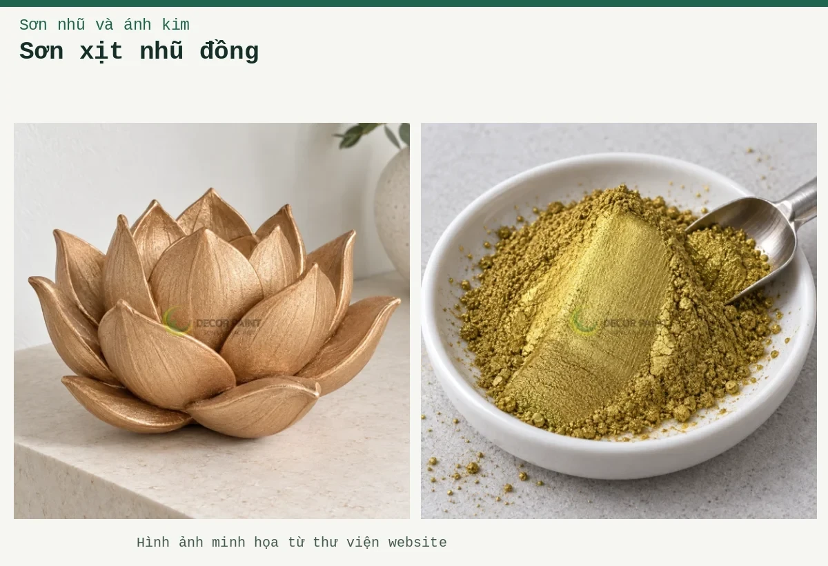 Sơn xịt nhũ đồng – Ảnh minh họa: Hoa sen trang trí sơn nhũ đồng đỏ; Bột nhũ đồng vàng trong đĩa mẫu.