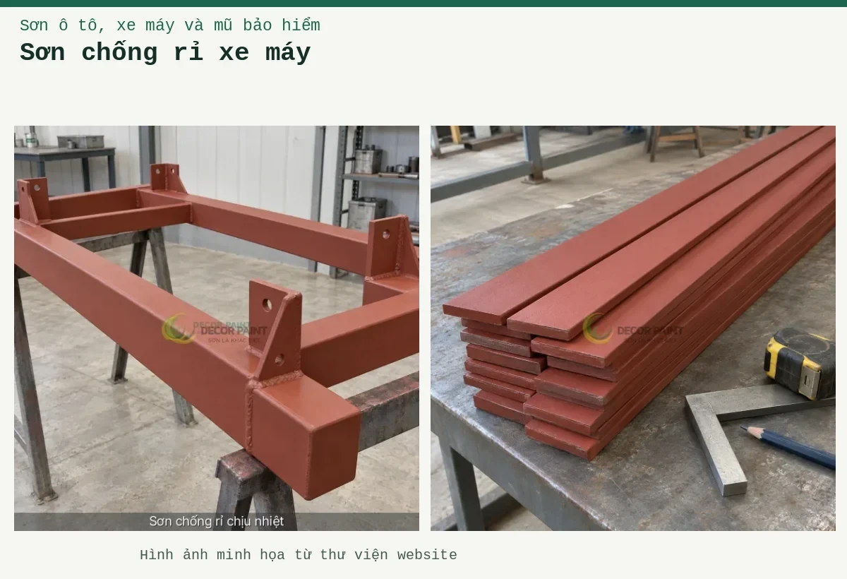 Sơn chống rỉ xe máy – Ảnh minh họa: Khung thép phủ lót chống rỉ đỏ nâu; Minh họa thép bản phủ sơn chống rỉ màu nâu đỏ cùng dụng cụ đo bề mặt.