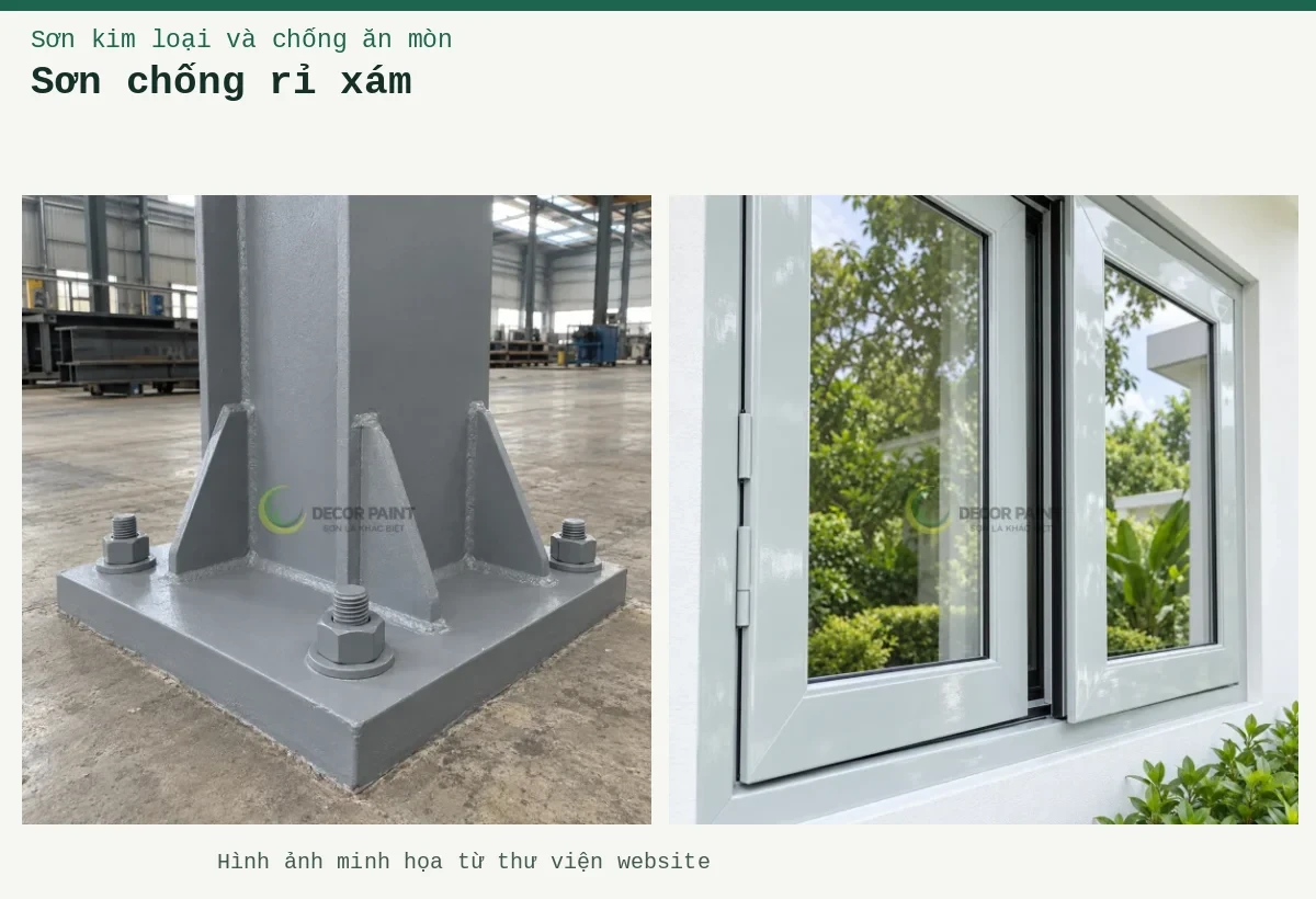 Sơn chống rỉ xám – Ảnh minh họa: Chân cột thép và bản mã liên kết được phủ sơn chống rỉ màu xám; Cửa nhôm xám GBT-001.