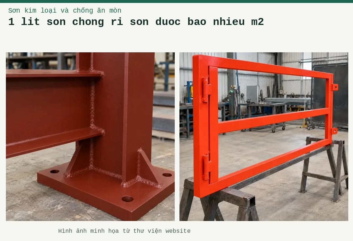 1 lit son chong ri son duoc bao nhieu m2 – Ảnh minh họa: Sơn lót kim loại đỏ oxit – khung cổng được phủ lớp lót tại xưởng; Sơn lót kim loại đỏ oxit – cận cảnh lớp lót trên mối nối thép.