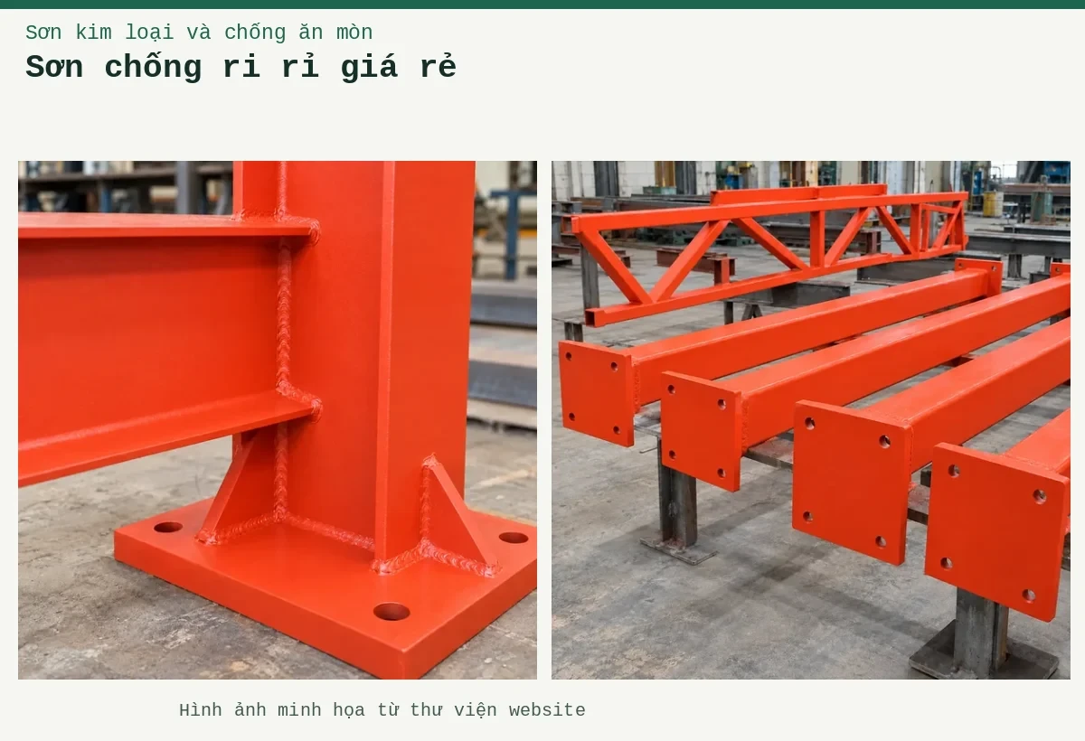Sơn chống ri rỉ giá rẻ – Ảnh minh họa: Sơn lót kim loại đỏ oxit – cận cảnh lớp lót trên mối nối thép; Sơn lót kim loại đỏ oxit – cấu kiện thép đã phủ lớp lót.