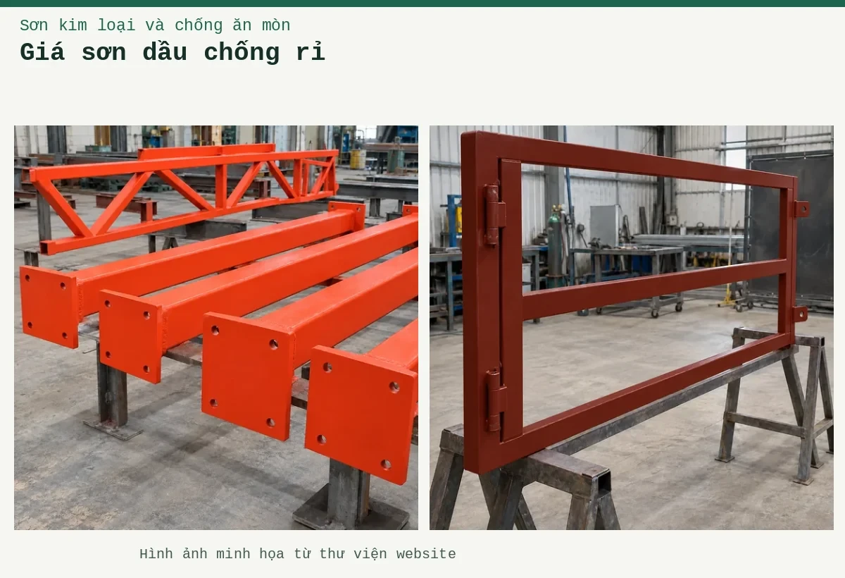 Giá sơn dầu chống rỉ – Ảnh minh họa: Sơn lót kim loại đỏ oxit – khung cổng được phủ lớp lót tại xưởng; Sơn lót kim loại đỏ oxit – cấu kiện thép đã phủ lớp lót.