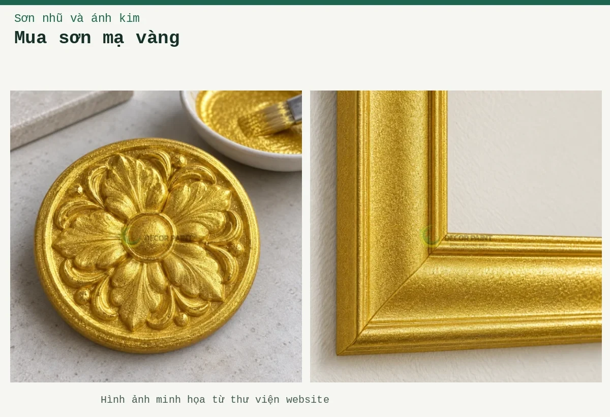 Mua sơn mạ vàng – Ảnh minh họa: Góc khung trang trí nhũ vàng 080; Phù điêu hoa tròn nhũ vàng 080.