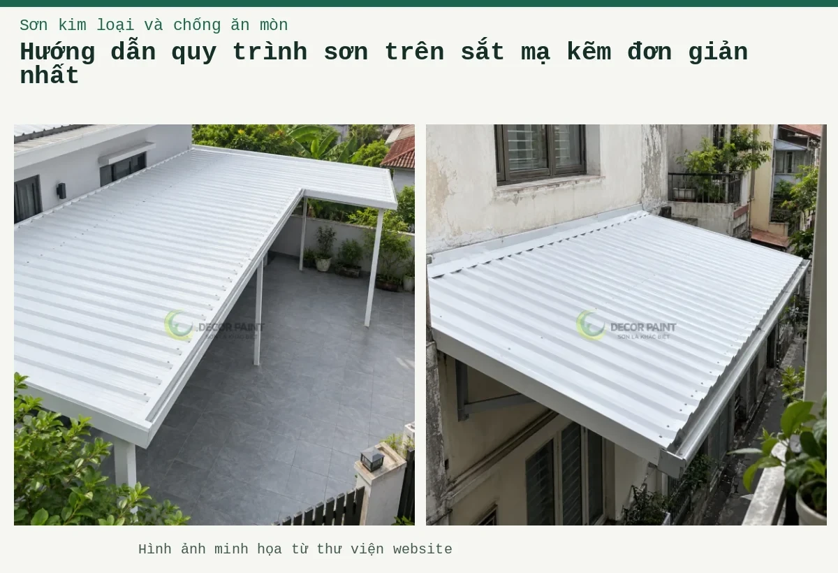 Hướng dẫn quy trình sơn trên sắt mạ kẽm đơn giản nhất – Ảnh minh họa: Mái che sân nhà bằng tôn màu trắng; Mái tôn trắng trên nhà phố dạng hẹp trong khu dân cư Hà Nội.