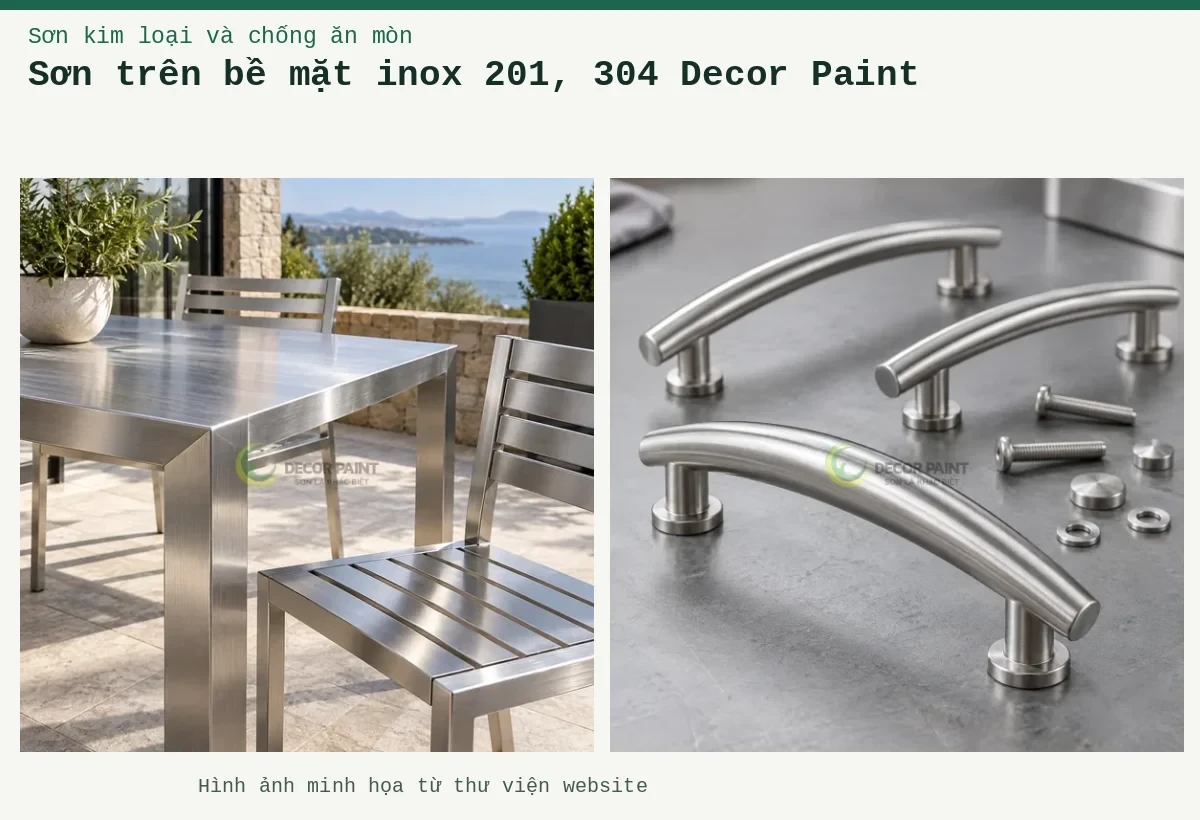 Sơn trên bề mặt inox 201, 304 Decor Paint – Ảnh minh họa: Minh họa tay nắm cong và phụ kiện inox với bề mặt bạc xước; Bàn ghế inox ngoài hiên, minh họa nhóm bề mặt cần lớp phủ bảo vệ trong suốt.