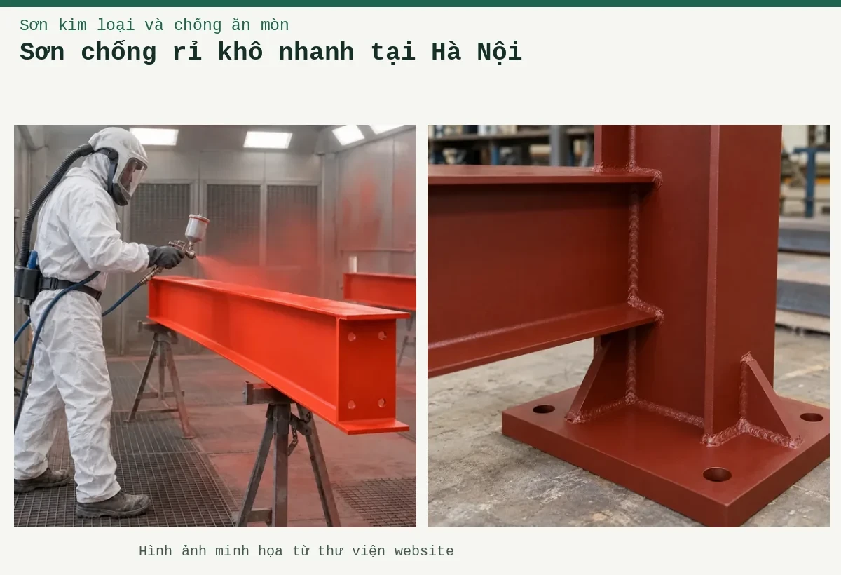 Sơn chống rỉ khô nhanh tại Hà Nội – Ảnh minh họa: Sơn lót kim loại đỏ oxit – thi công phun lớp lót trên thép; Sơn lót kim loại đỏ oxit – cận cảnh lớp lót trên mối nối thép.