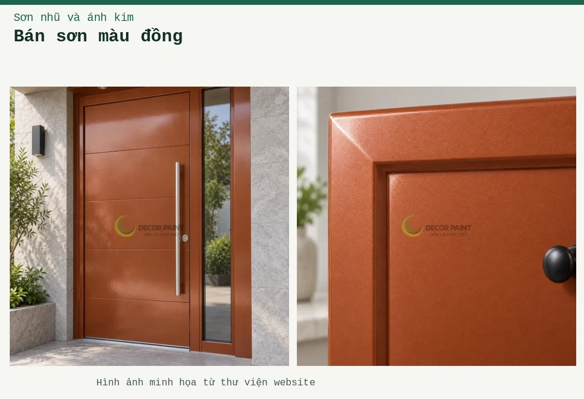 Bán sơn màu đồng – Ảnh minh họa: Cửa thép phủ nhũ đồng đỏ đậm; Cận cảnh cửa tủ phủ nhũ đồng đỏ.