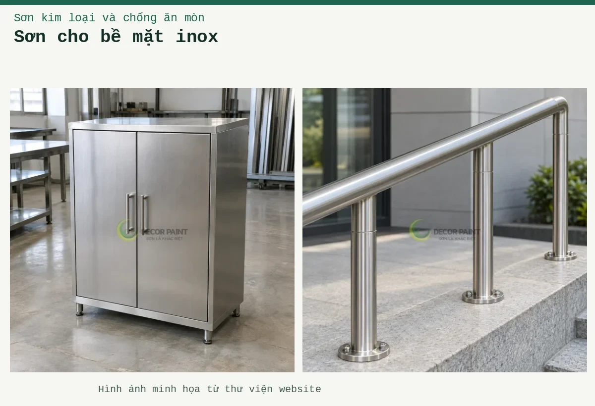 Sơn cho bề mặt inox – Ảnh minh họa: Minh họa tay vịn và chân trụ inox với bề mặt xước bạc hoàn thiện; Minh họa tủ inox hai cánh đóng kín với bề mặt xước bạc.