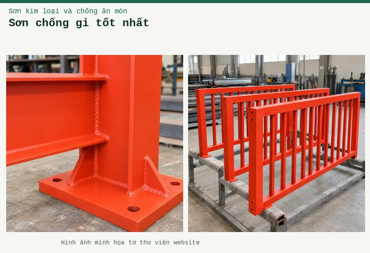 Sơn chống gỉ tốt nhất – Ảnh minh họa: Sơn lót kim loại đỏ oxit – cấu kiện lan can được sơn lót; Sơn lót kim loại đỏ oxit – cận cảnh lớp lót trên mối nối thép.