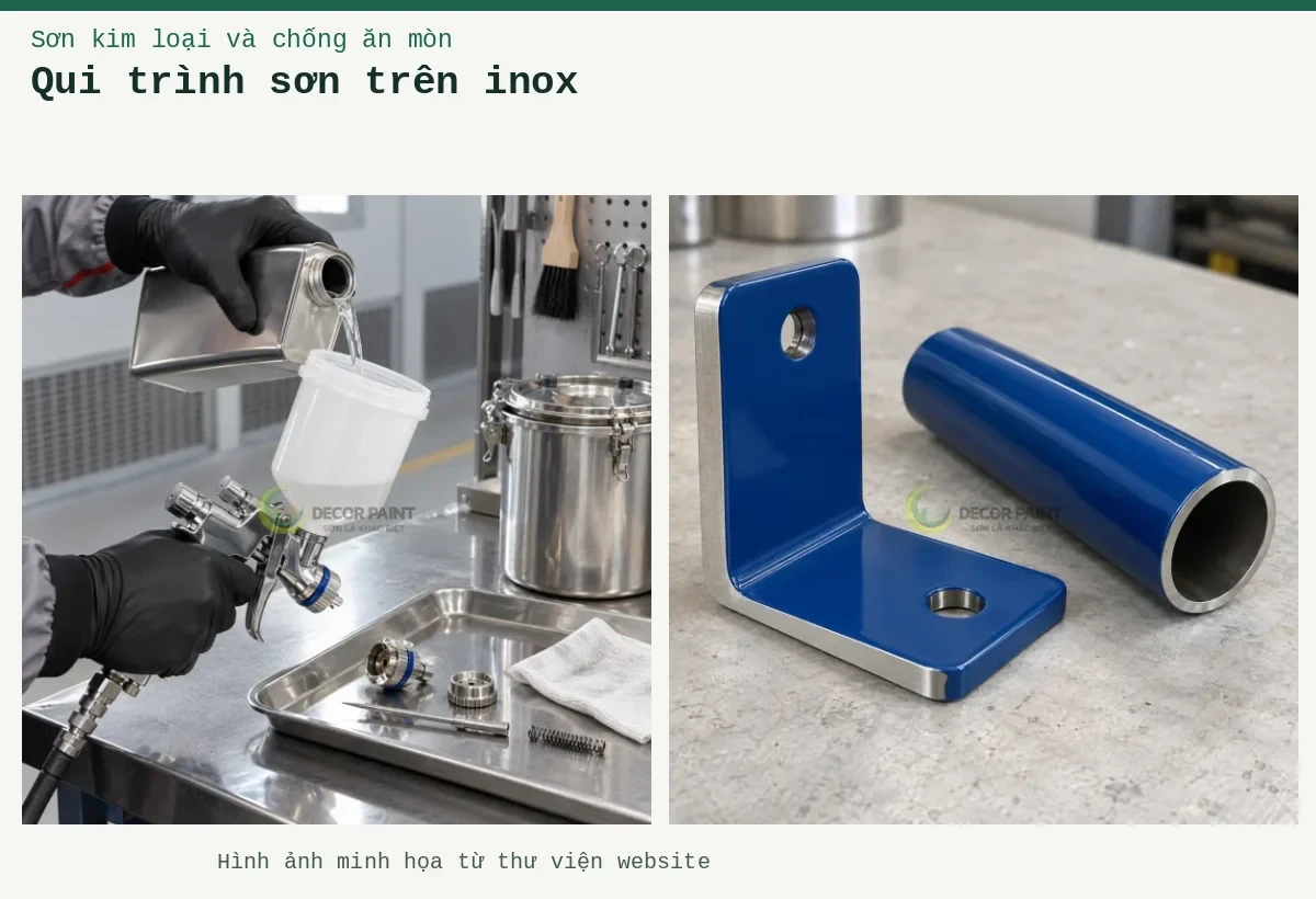 Qui trình sơn trên inox – Ảnh minh họa: Minh họa giá đỡ và ống inox phủ màu xanh, với mép kim loại để đối chiếu; Vệ sinh súng phun.